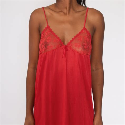 Sheer Red Nightgown Lingerie Lace Slip Dress 80s Maxi Nylon Boho