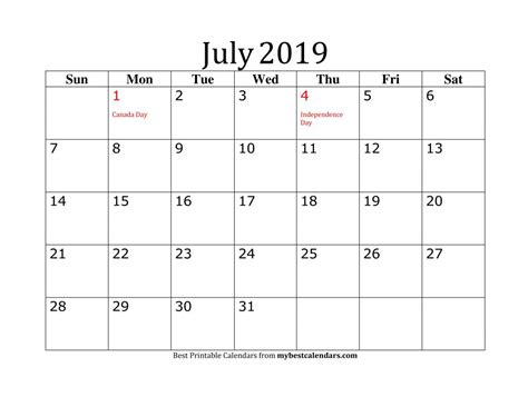 Free July 2019 Printable Calendar Blank Templates Calendar Template 2021