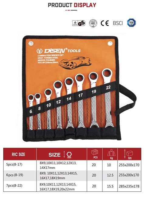 Crv Steel Toolroll Set Double Offset Ring Ratchet Wrench Tool Set With