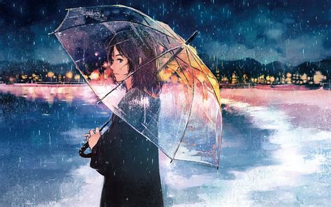 Anime Girl Umbrella Rain X Wallpaper Teahub Io