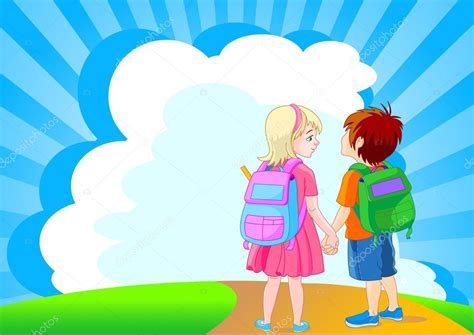 Back To School Illustration Of Girl And Boy Go To School Premium