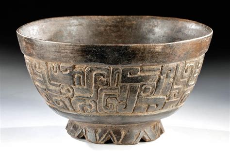 Maya Pottery Bowl W Carved Jaguar Heads And Glyphoids