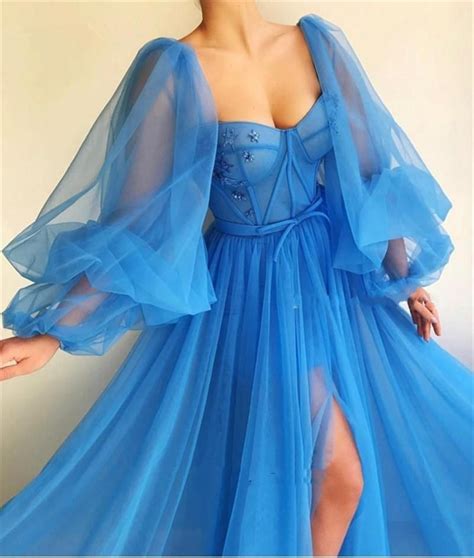 2020 long puffy sleeves blue prom dresses tulle backless lace up evening gowns evening party