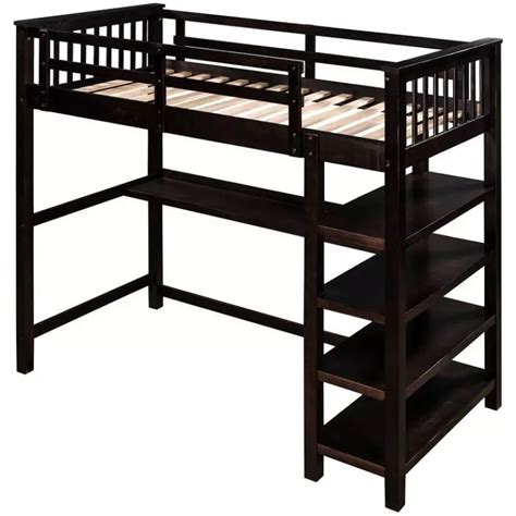 Rubber Wooden Twin Size Loft Bed With Storage Shelves And Under Bed
