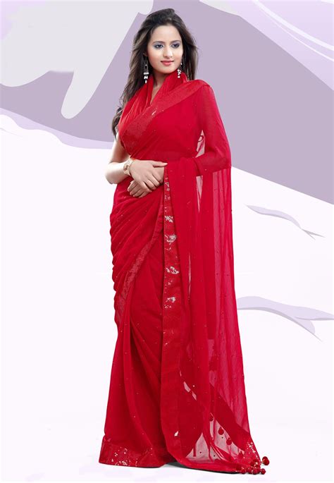 Dark Red Faux Chiffon Saree With Blouse Online Shopping Sdw1777 Saree Designs Bollywood