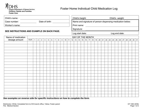 Foster Home Individual Child Medication Log