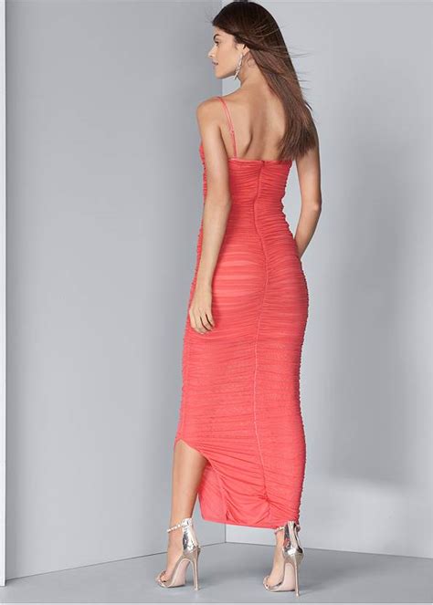Ruched Bodycon Side Slit Maxi Dress In Coral Venus