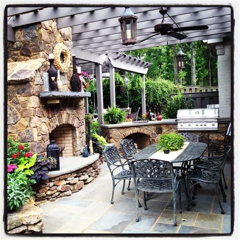 Love This Outdoor Stone Fireplace And Grill Pergola With A Fan