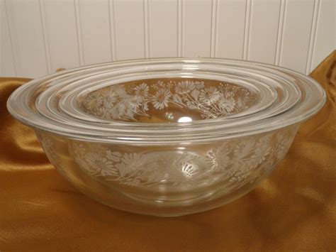 Pyrex Set Of 3 Colonial Mist White On Clear Nesting Mixing Bowls ~ Pyrex Mixing Bowls ~ 1980