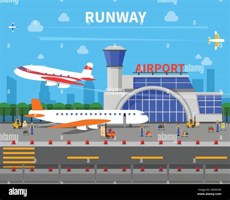 Airport Runway Concept With Planes And Airport Building Flat Vector