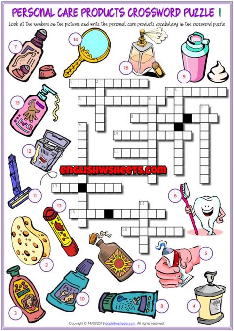 Personal Care Products Esl Crossword Puzzle Worksheets In 2020