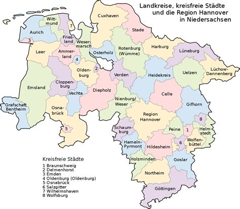 Hier bieten wir teambee ihnen eine karte mit liste der landkreise mit städte und gemeinden von niedersachsen, daten von kreisfreie städte mit. Datei:Landkreise Niedersachsen.svg - Wikipedia
