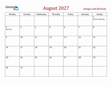 August 2027 Antigua And Barbuda Monthly Calendar With Holidays