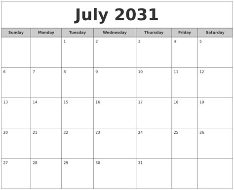 July 2031 Free Monthly Calendar