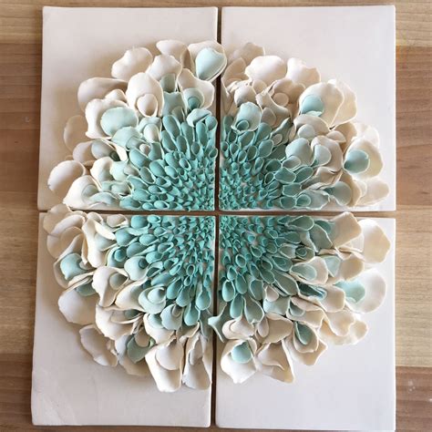 Ceramic Flower Wall Decor Porcelain Blossom Tile White Turquoise
