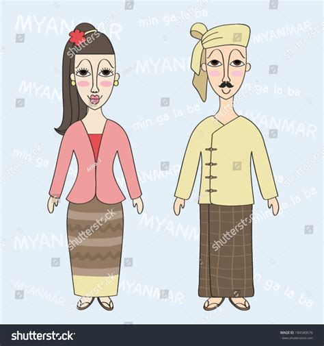 Myanmar Traditional Costume Cute Cartoon เวกเตอร์สต็อก ปลอดค่า