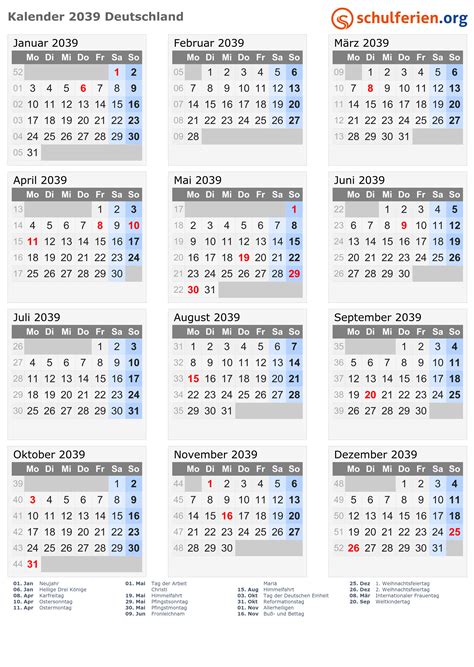 Kalender Deutschland 2039 Mit Feiertage
