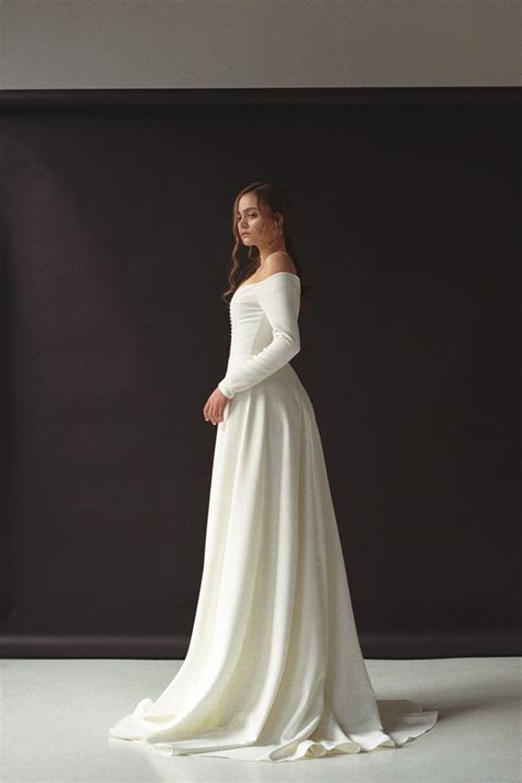 Modern Off Shoulder Wedding Dress With A Slit Off The Shoulder Etsy Uk
