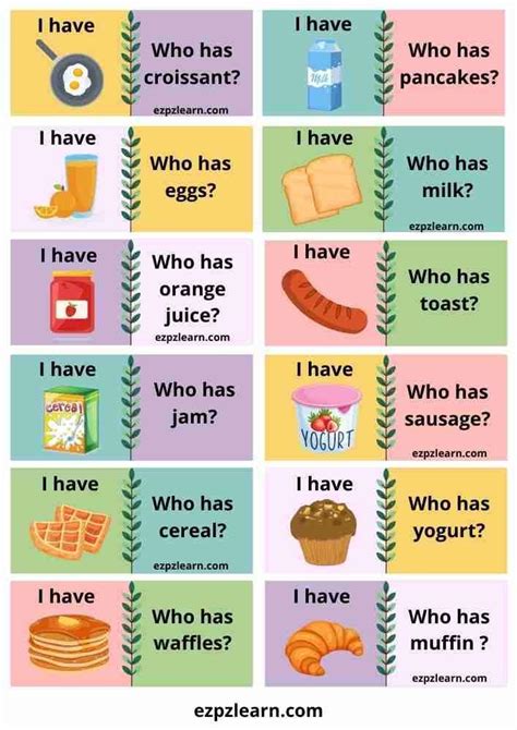Free Printable I Have Who Has English Game Breakfast Food Worksheets