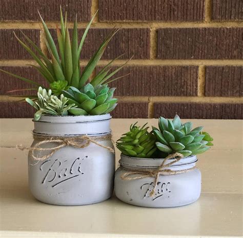 Faux Succulent Painted Mason Jar Decor Artificial Succulent Etsy