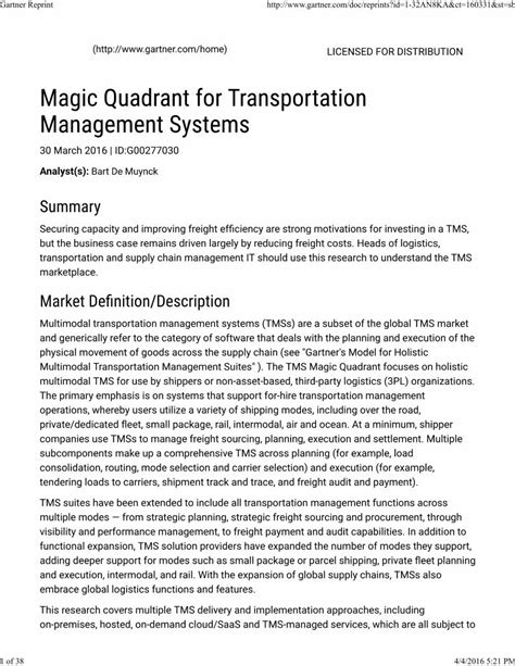 Pdf Gartner Magic Quadrant For Transportation Management Systems