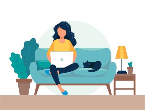 Female with laptop sitting on the couch 677659 Vector Art at Vecteezy