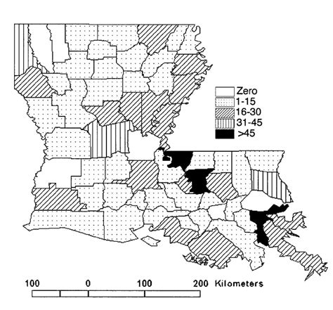 Map Of Louisiana Parishes Indicating The Number Of Species Recorded In