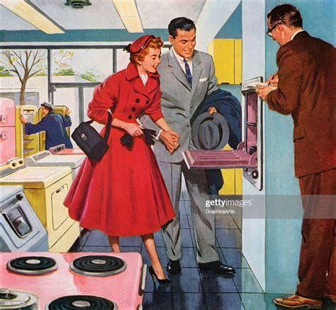 Vintage Illustration Of A 1950s Couple Shopping For A New Oven In An