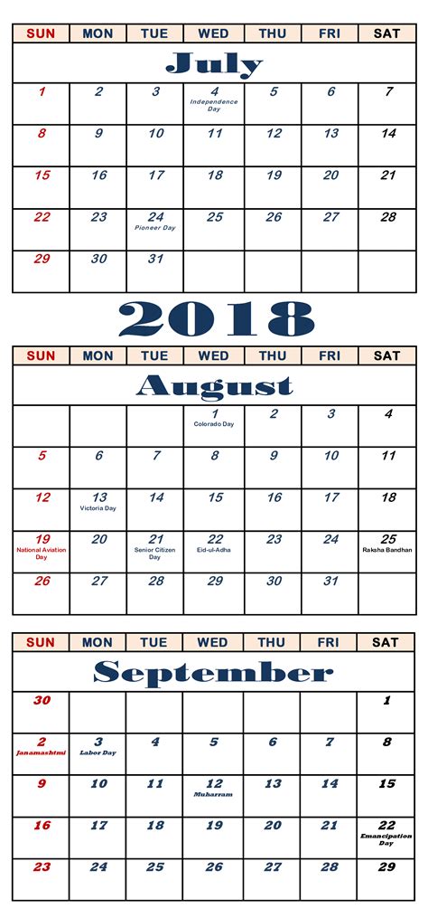 July August September 2018 Calendar Three Month Printable Template