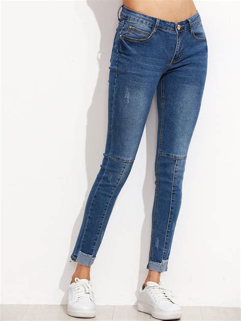 Blue Contrast Trim Skinny Jeans Sheinsheinside
