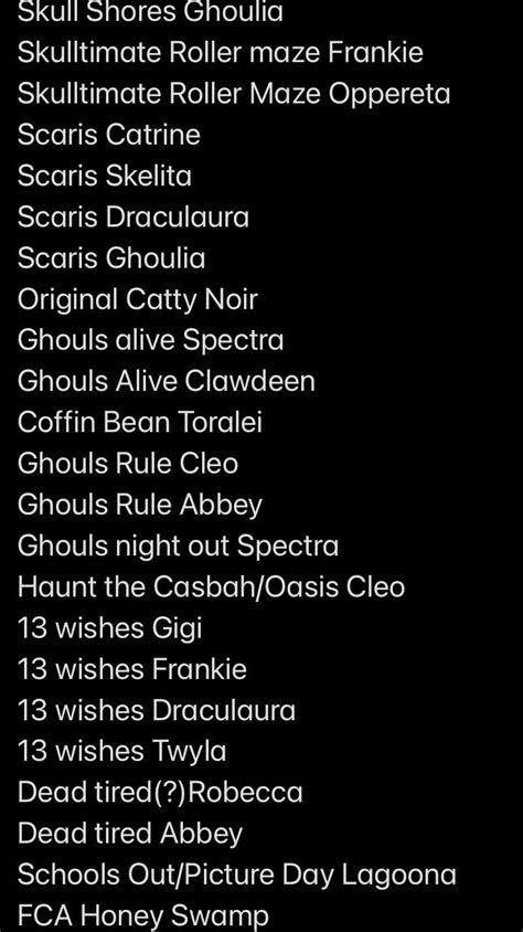 list of dolls i had before they were all thrown away also had draccubecca but got her again