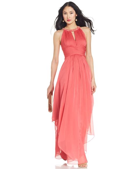 Lyst Adrianna Papell Embellished Pleated Chiffon Halter Gown In Pink