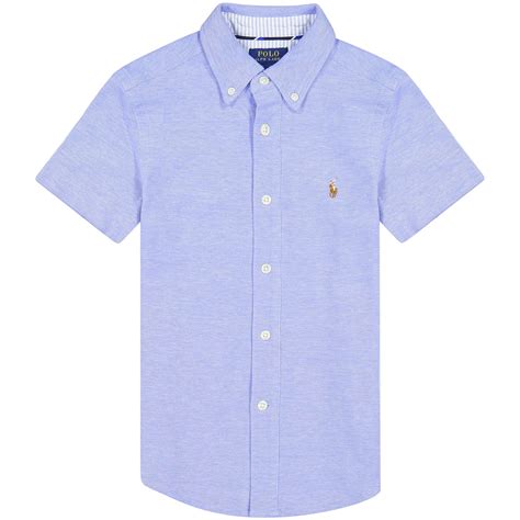 Ralph Lauren Boys Short Sleeve Button Up Shirt In Blue With Polo Player