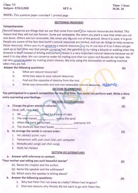 This is a full mark response to a paper 2 question 5 response. CBSE Class 6 SA2 Question Paper for English | AglaSem Schools