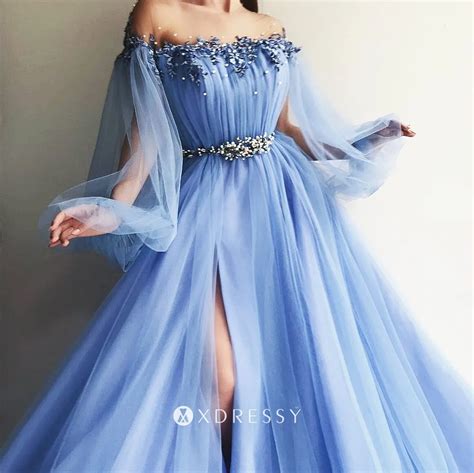 Pearls Off Shoulder Puffy Sleeved Blue Prom Gown Xdressy