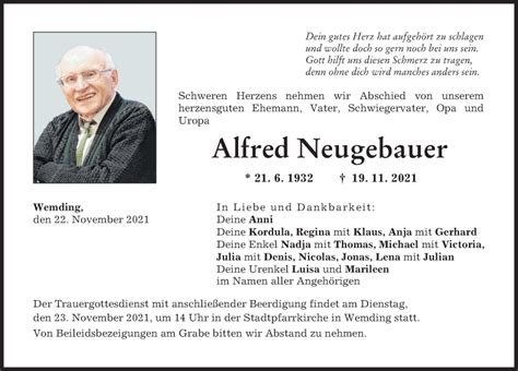 Traueranzeigen Von Alfred Neugebauer Augsburger Allgemeine Zeitung