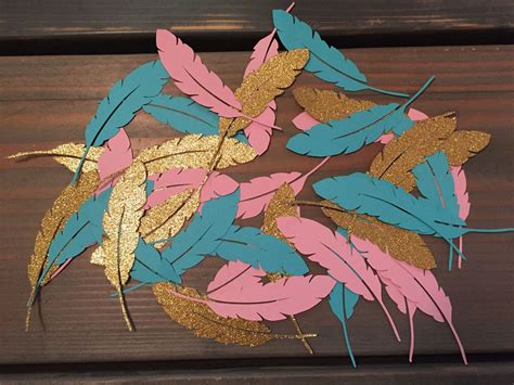 50 Pink Teal And Gold Glitter Gold Feather Confetti Wedding Etsy