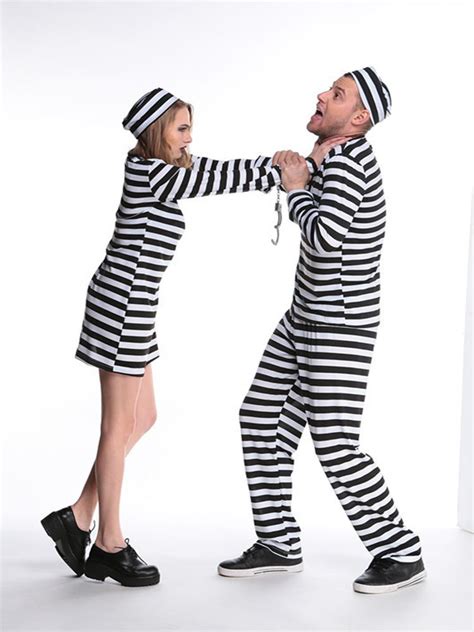 Women Black And White Striped Prison Uniform With Hat For Halloween