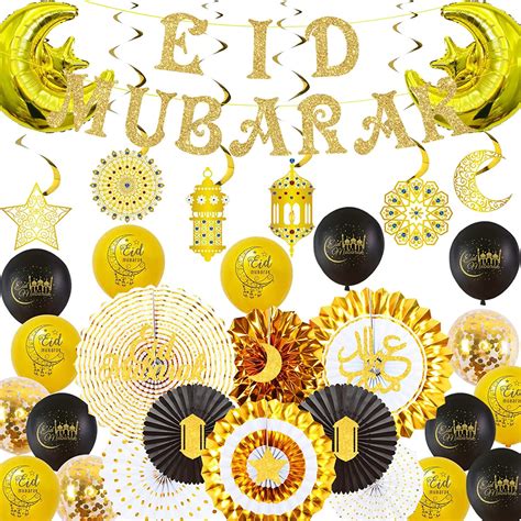 Eid Mubarak Decorations Black Gold Glitter Eid Mubarak Banner 2023 Eid