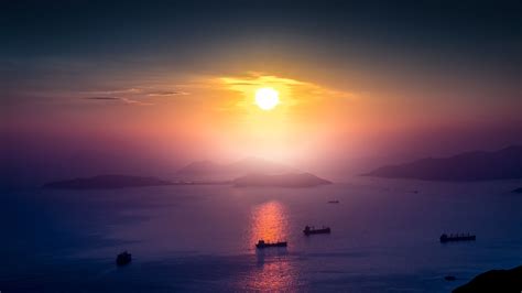 2560x1440 Landscape Sunrise Boat Mist Mountain Horizon 1440p Resolution
