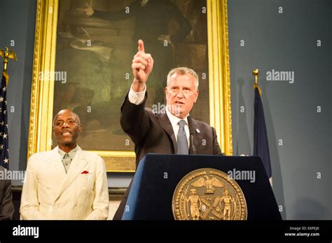 new york mayor bill de blasio at podium at a press conference in the blue room city hall