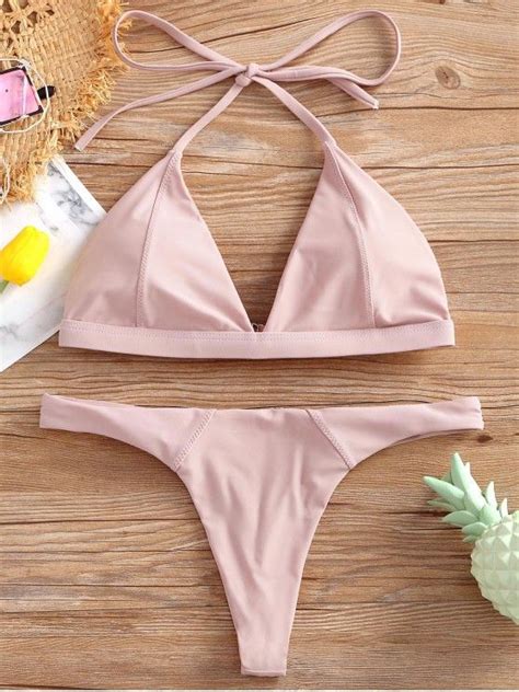 [17 Off] 2021 Halter Thong Bikini Set In Pink Zaful