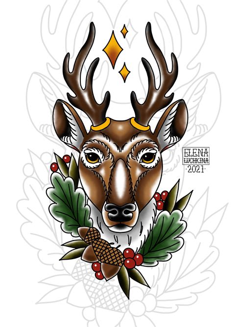 Artstation Old School Deer Head Tattoo Design