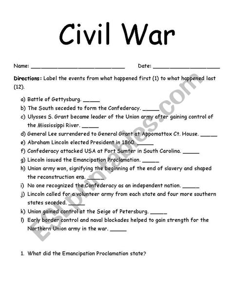 Civil War Worksheet Pdf
