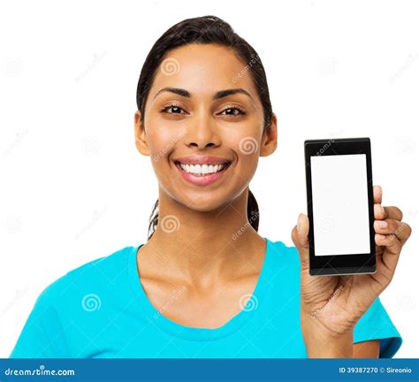Confident Woman Showing Smart Phone Stock Photo Image Of Background