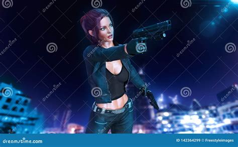 Action Girl Shooting Guns Redhead Woman In Leather Suit Holding Hand Weapons On White