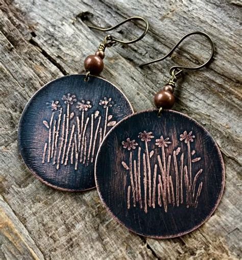 Items Similar To Garden Flowers Copper Etched Earrings On Etsy Etched