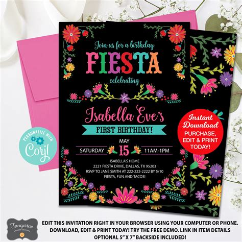 Fiesta Birthday Invitation First Fiesta Invitation Editable Etsy