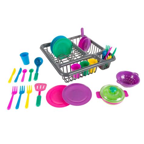 Kids Toy Play Dishes Tableware Dish Drainer Plates Forks Cups Kitchen