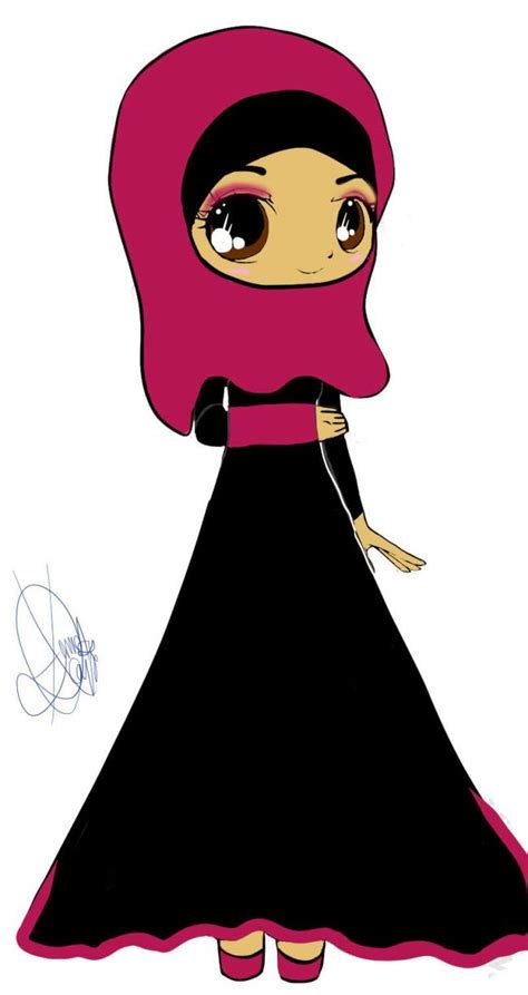 Drawing Of Chibi Muslimah In Purple Hijab And Black Dress Anime